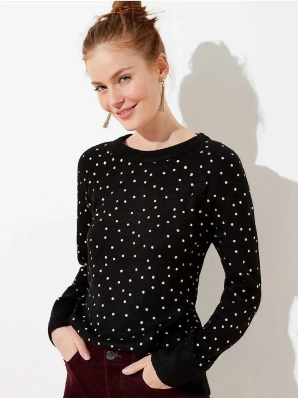 Loft Black Crew Neck Sweater With Gold Metallic Polka Dots Size XS EUC